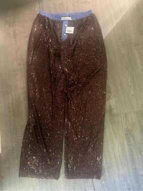 Hand Over Sequin Wide-Leg Pants with Blue Elastic Waistband